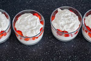 Mit einer Schicht Kokos-Konfekt-Masse abschlie&szlig;en und mit Kokosraspeln bestreuen