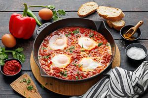 Gekochtes Shakshuka in der Pfanne servieren