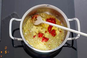 Knoblauch, Zwiebel und Tomatenmark anschwitzen.
