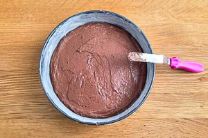 Schokoladigen Kuchenteig in die Springform f&uuml;llen