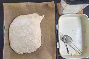 Teig auf Backblech mit Backpapier geben und bemehlen